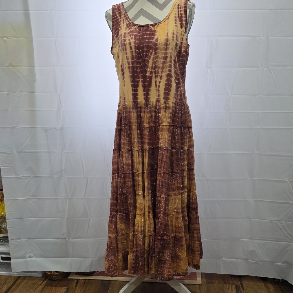 Bila Gold and Brown Sleeveless Scoop Neck Sundress